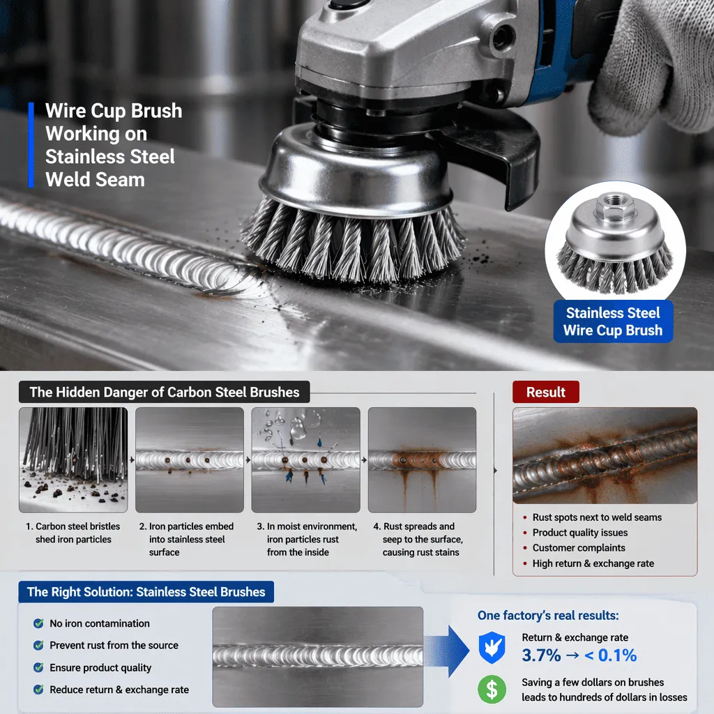 Stainless Steel vs Carbon Steel Wire Brushes: Selection Guide and Application Analysis 1 Stainless steel wire cup brush vs carbon steel brush on stainless steel weld seams infographics, showing how iron contamination causes rust and how changing to stainless steel brushes reduces return rate from 3.7% to less than 0.1%.